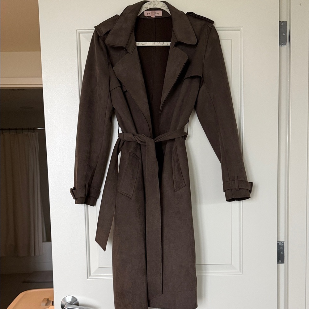 Classic Philosophy Women's Trench Coat - Brown Vegan Suede Belted M